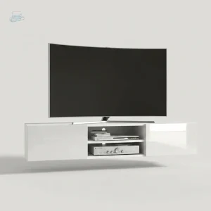 Meuble TV Suspendu Meble Masztalerz 120 cm, blanc brillant, deux portes, niche centrale, design moderne, vue de face, sans bandeau LED.