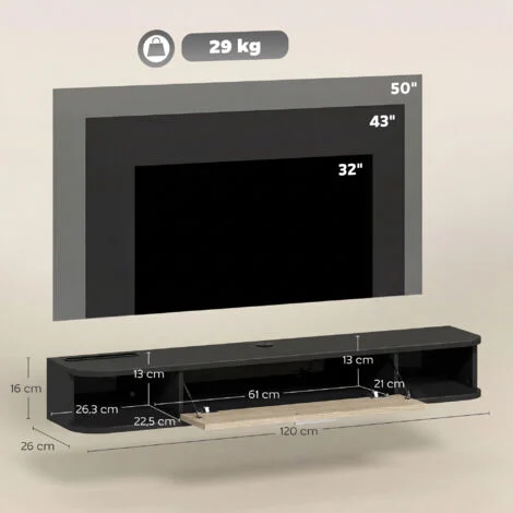 Vue 2 du meuble TV suspendu Allauve 120 cm noir
