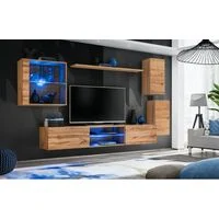 Vue 2 du ensemble meuble TV suspendu AC-DECO Switch XXIII 250 cm marron avec LED