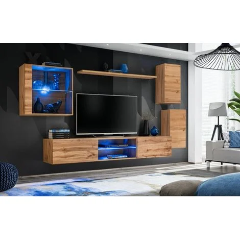 Avis ensemble meuble TV suspendu AC-DECO Switch XXIII 250 cm marron avec LED