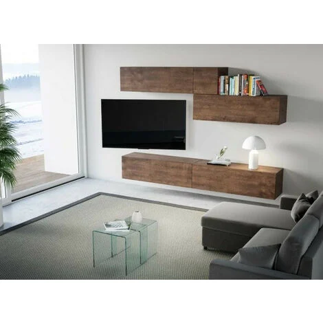 Vue 3 du ensemble meuble TV suspendu Les Tendances Kuza 268 cm noyer