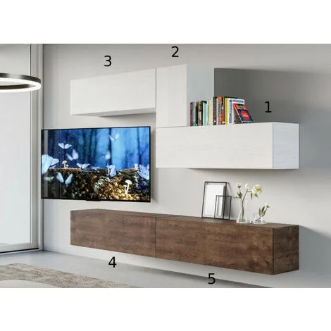 Vue 2 du ensemble meuble TV suspendu Les Tendances Lika 268 cm blanc et noyer