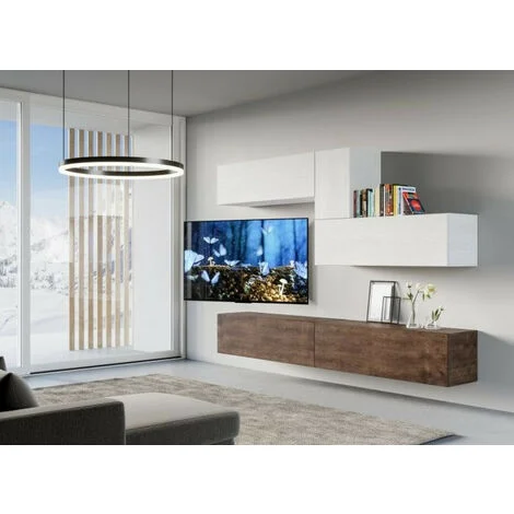 Vue 3 du ensemble meuble TV suspendu Les Tendances Lika 268 cm blanc et noyer