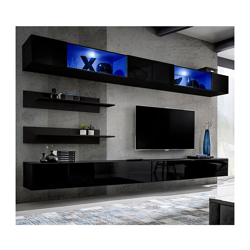 Vue 2 du ensemble meuble TV mural Paris Prix Fly VIII 320 cm noir