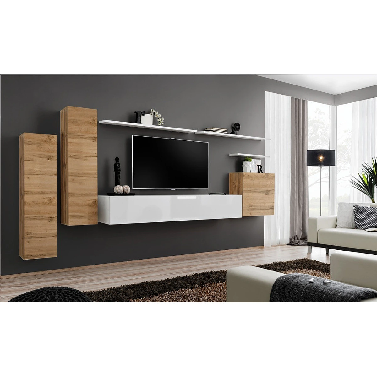 Vue 2 du ensemble meuble TV mural Paris Prix Switch I 330 cm naturel et blanc