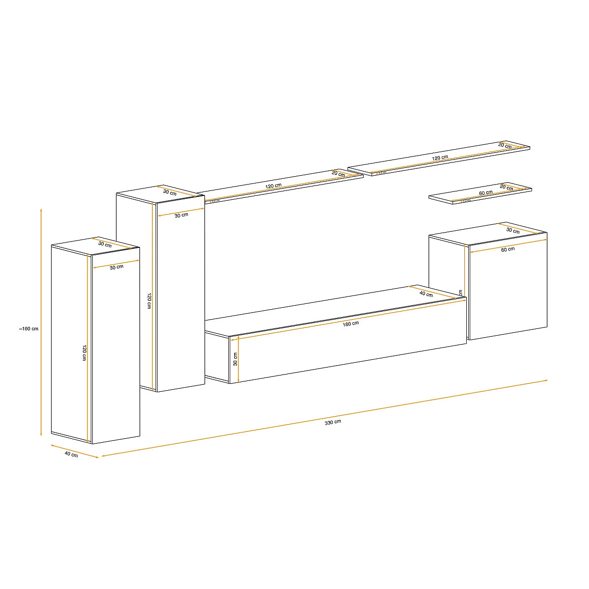 Vue 3 du ensemble meuble TV mural Paris Prix Switch I 330 cm naturel et blanc
