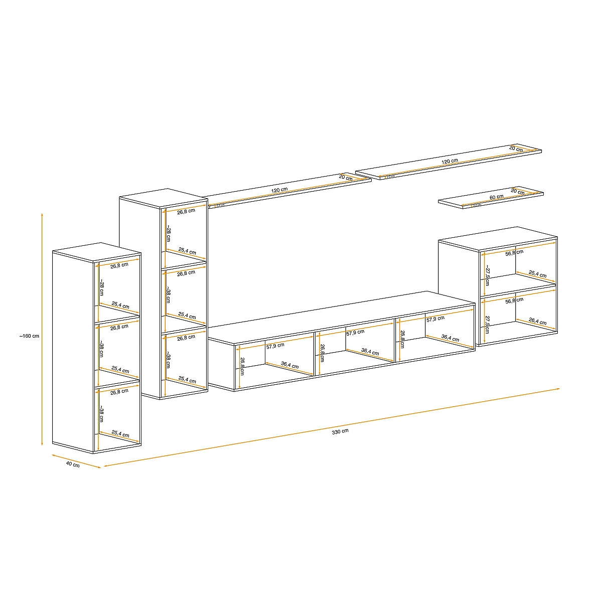 Vue 4 du ensemble meuble TV mural Paris Prix Switch I 330 cm naturel et blanc