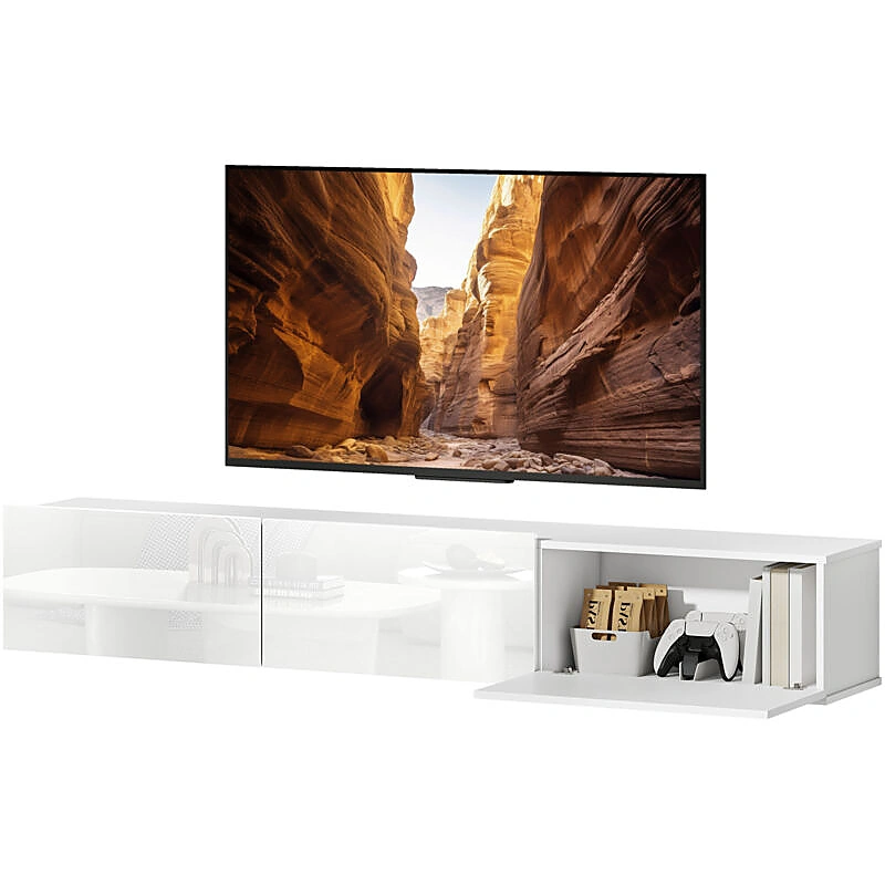 Vue 2 du meuble TV suspendu 180 cm blanc avec 3 placards abattants