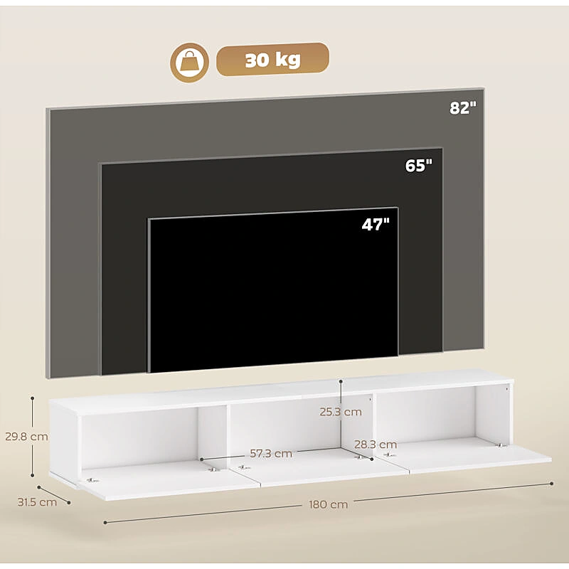 Vue 3 du meuble TV suspendu 180 cm blanc avec 3 placards abattants