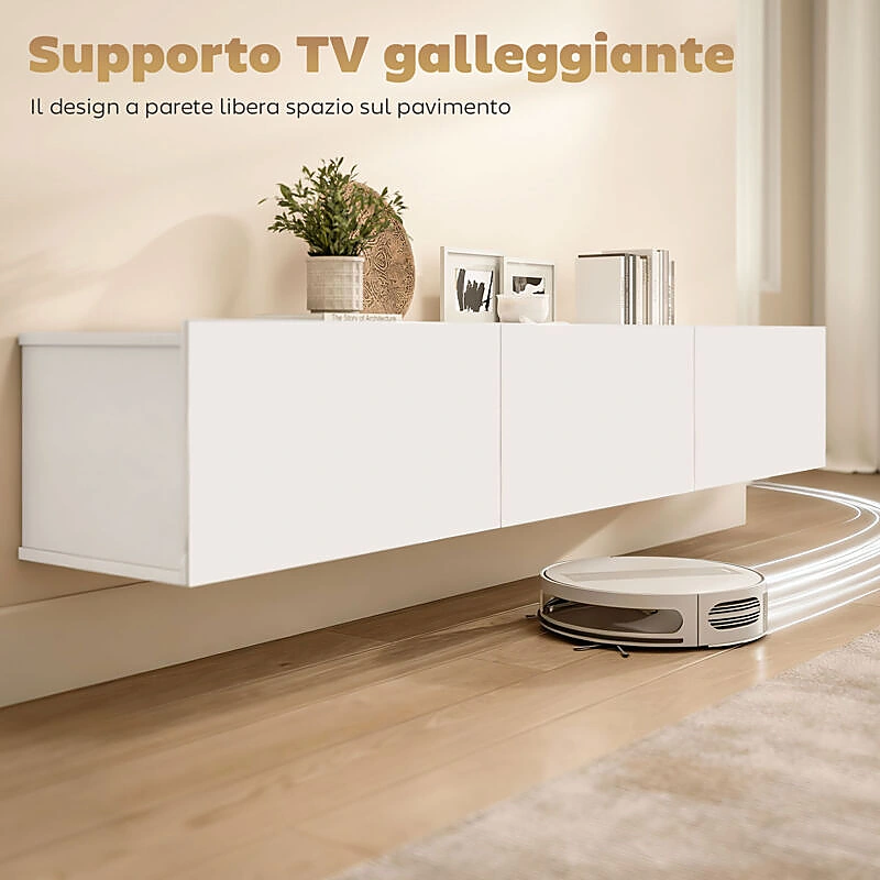 Vue 4 du meuble TV suspendu 180 cm blanc avec 3 placards abattants