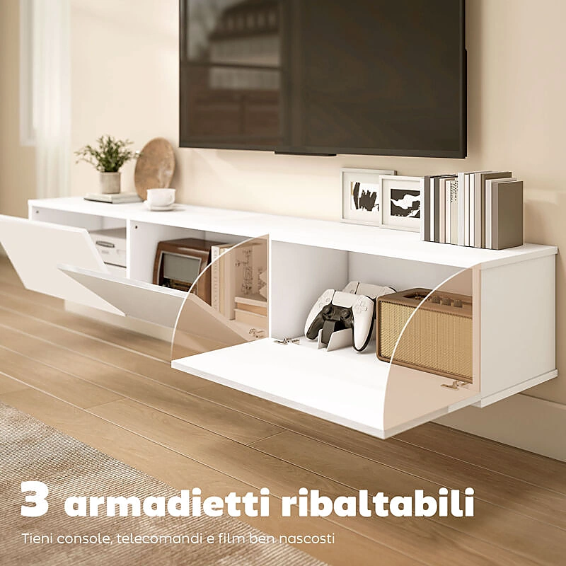 Vue 5 du meuble TV suspendu 180 cm blanc avec 3 placards abattants