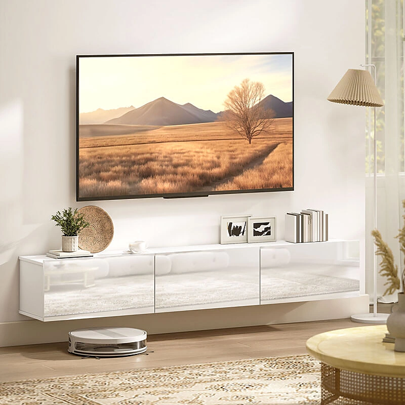 Avis meuble TV suspendu 180 cm blanc avec 3 placards abattants