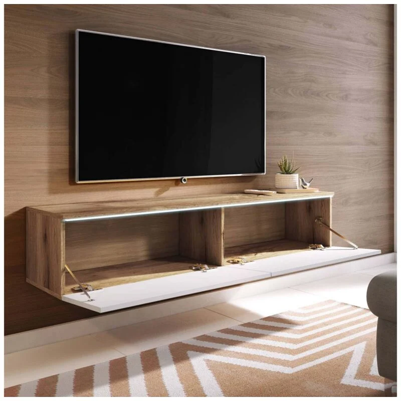 Vue 2 du meuble TV suspendu Deco In Paris Malorie 180 cm blanc laqué et chêne avec LED