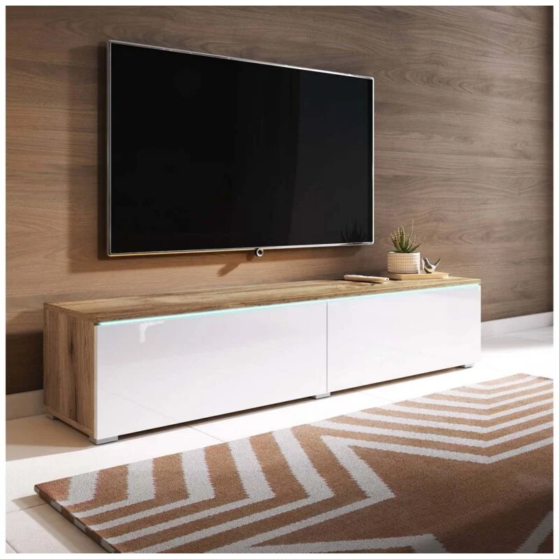 Vue 3 du meuble TV suspendu Deco In Paris Malorie 180 cm blanc laqué et chêne avec LED