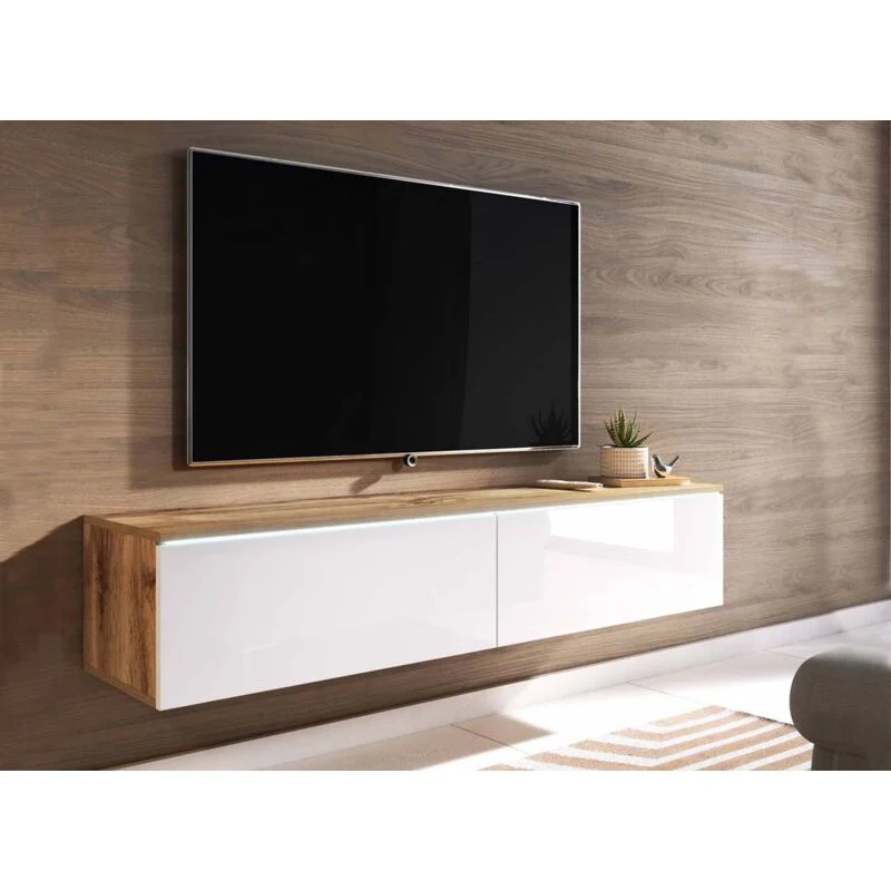 Avis meuble TV suspendu Deco In Paris Malorie 180 cm blanc laqué et chêne avec LED