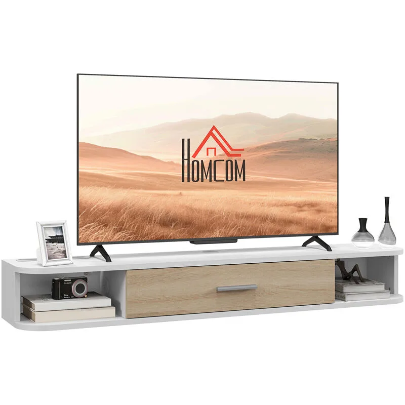Vue 2 du meuble TV suspendu HOMCOM 120 cm blanc et chêne