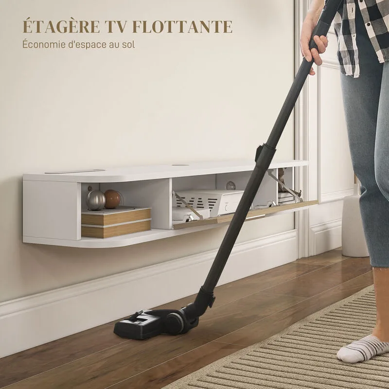 Vue 3 du meuble TV suspendu HOMCOM 120 cm blanc et chêne