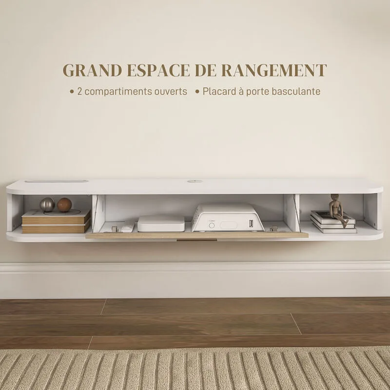 Vue 4 du meuble TV suspendu HOMCOM 120 cm blanc et chêne