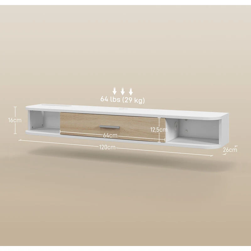 Vue 5 du meuble TV suspendu HOMCOM 120 cm blanc et chêne