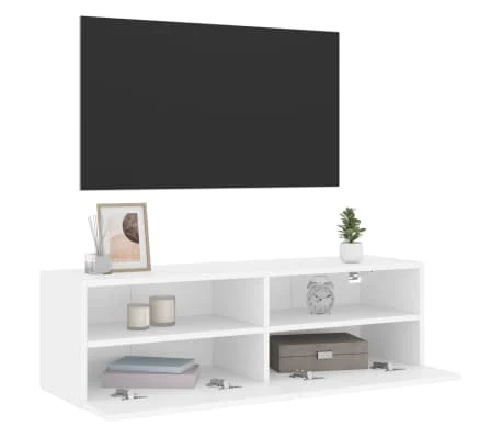 Vue 4 du meuble TV mural Maison Chic 100 cm blanc et bois