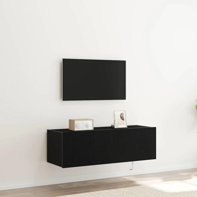 Avis meuble TV suspendu Maison Chic 100 cm noir et chêne avec LED