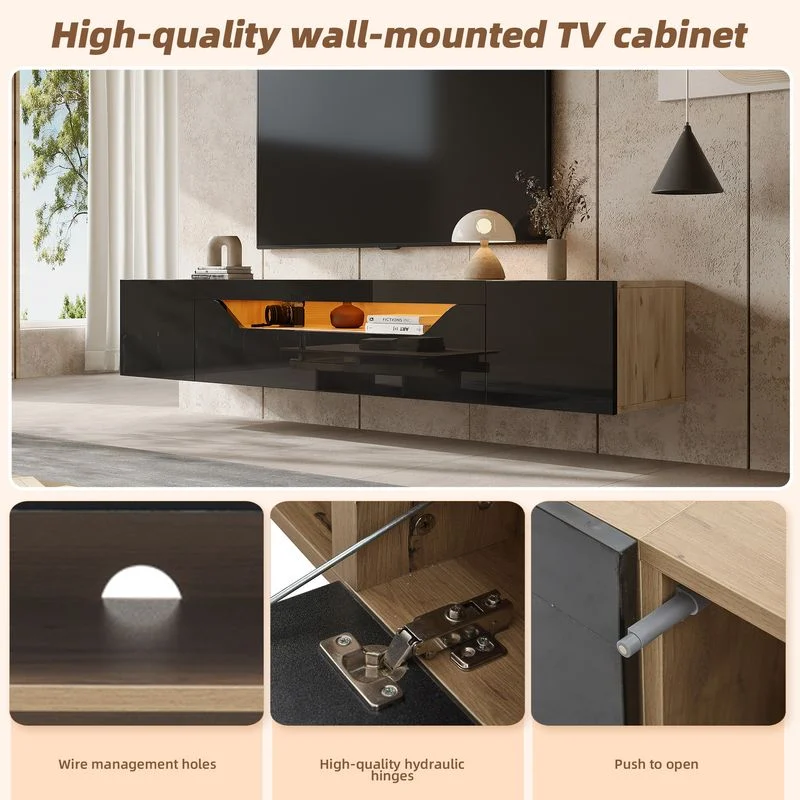 Vue 2 du meuble TV suspendu Neche 180 cm noir et bois avec LED