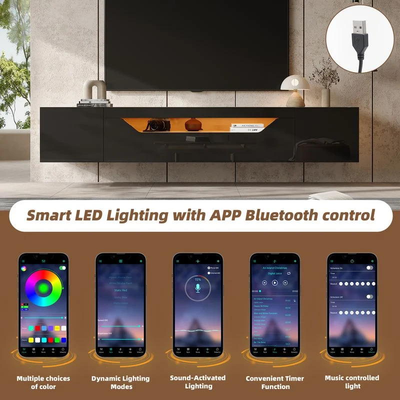 Vue 4 du meuble TV suspendu Neche 180 cm noir et bois avec LED