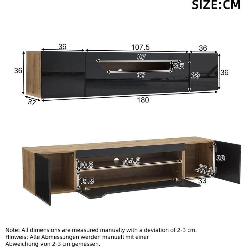 Vue 5 du meuble TV suspendu Neche 180 cm noir et bois avec LED