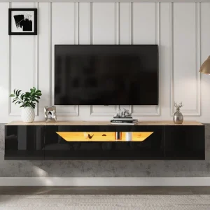 Meuble TV suspendu Neche 180 cm noir et bois avec LED image principale