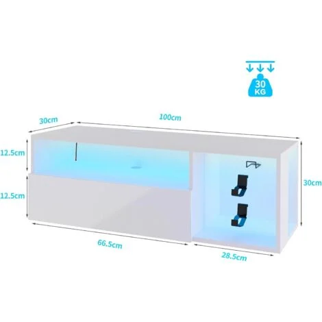 Vue 2 du meuble TV suspendu NEED 100 cm blanc avec LED