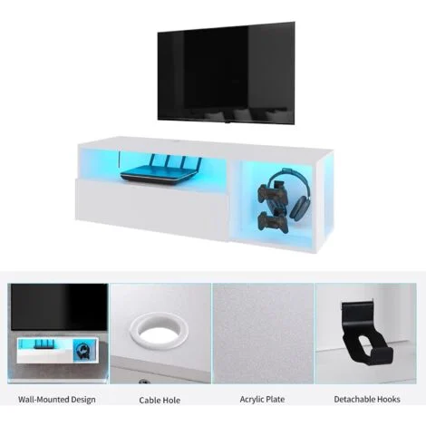 Vue 3 du meuble TV suspendu NEED 100 cm blanc avec LED