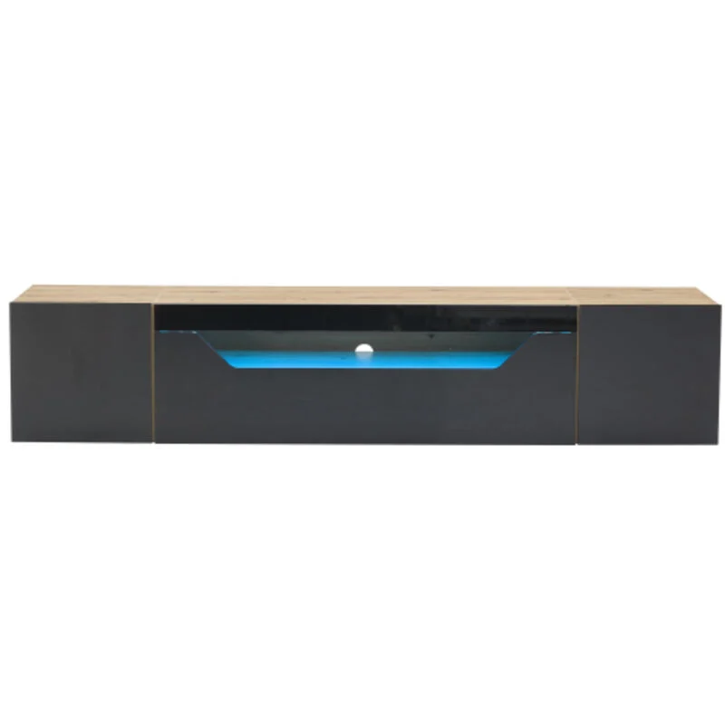Vue 3 du meuble TV suspendu Okwish 180 cm noir brillant avec LED