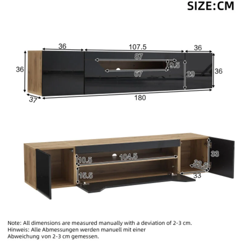 Vue 4 du meuble TV suspendu Okwish 180 cm noir brillant avec LED