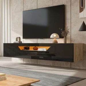 Meuble TV suspendu Okwish 180 cm noir brillant avec LED image principale