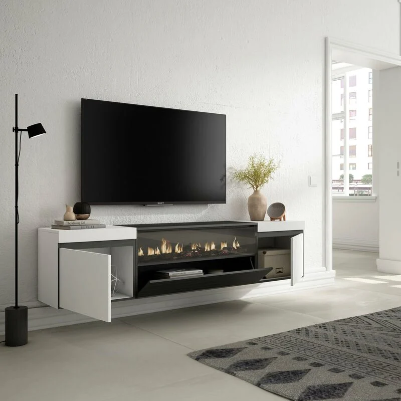 Vue 3 du meuble TV suspendu Skraut Home 102 cm avec cheminée électrique