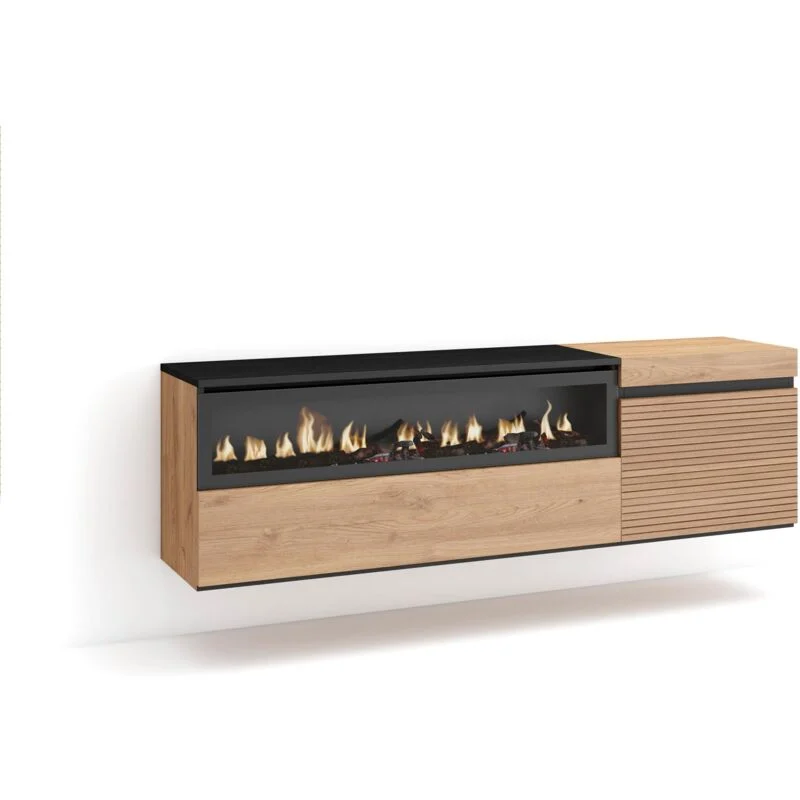 Vue 2 du meuble TV suspendu Skraut Home 150 cm chêne avec cheminée électrique