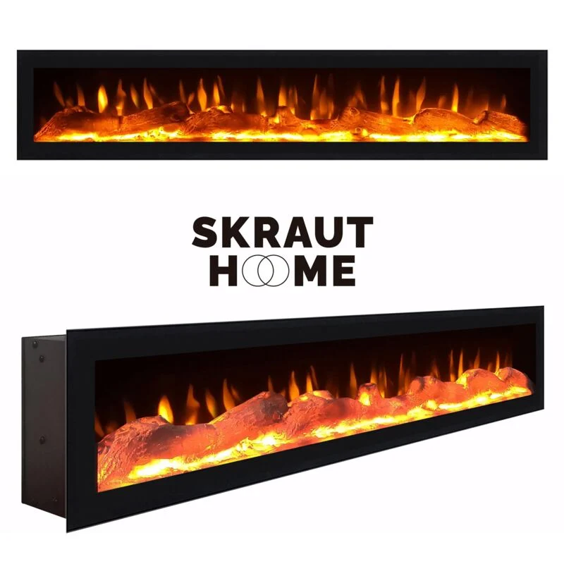 Vue 3 du meuble TV suspendu Skraut Home 150 cm chêne avec cheminée électrique