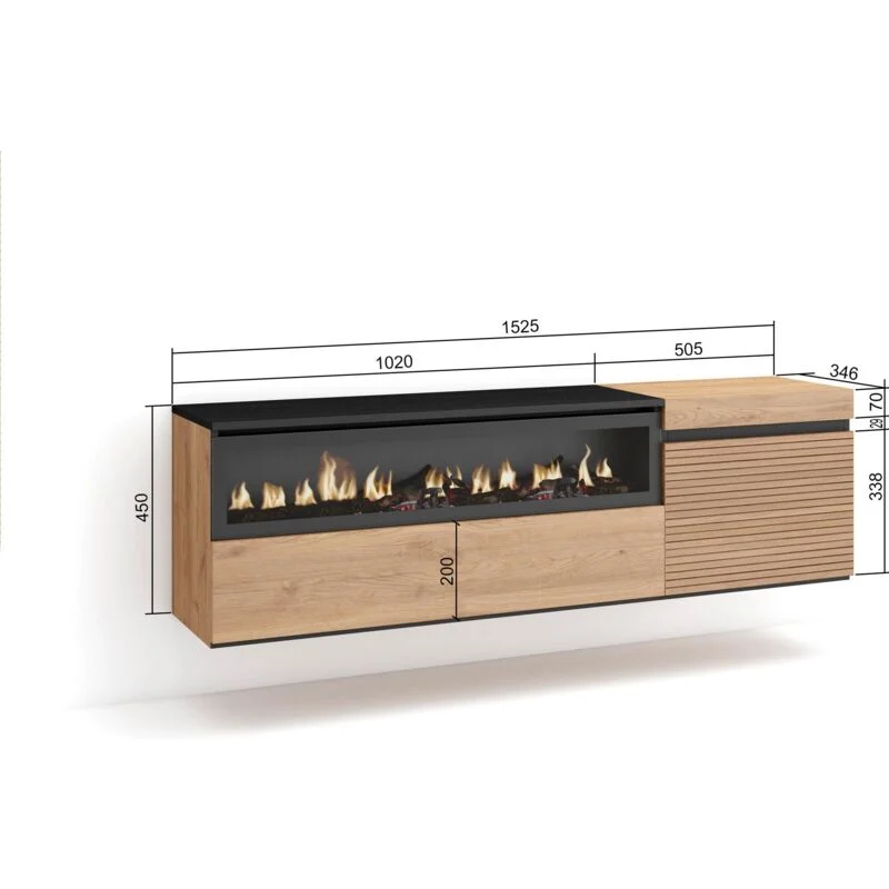 Vue 4 du meuble TV suspendu Skraut Home 150 cm chêne avec cheminée électrique