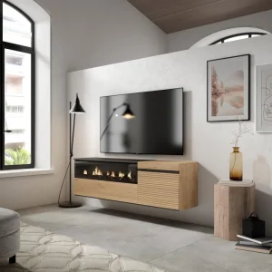 Meuble TV suspendu Skraut Home 150 cm chêne avec cheminée électrique image principale