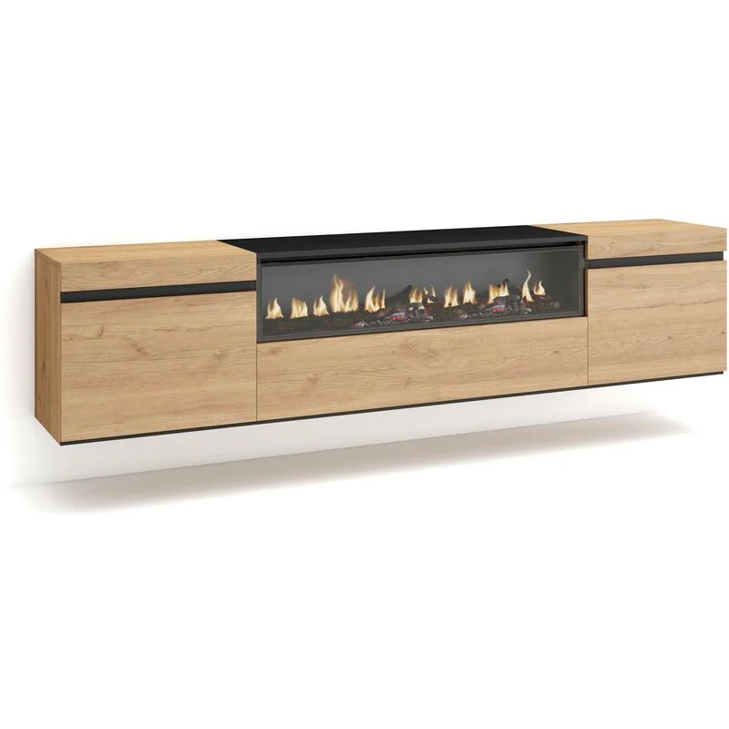 Vue 2 du meuble TV suspendu Skraut Home 200 cm avec cheminée électrique