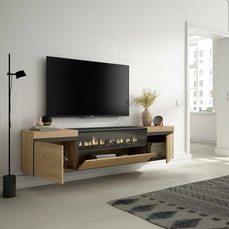 Vue 3 du meuble TV suspendu Skraut Home 200 cm avec cheminée électrique