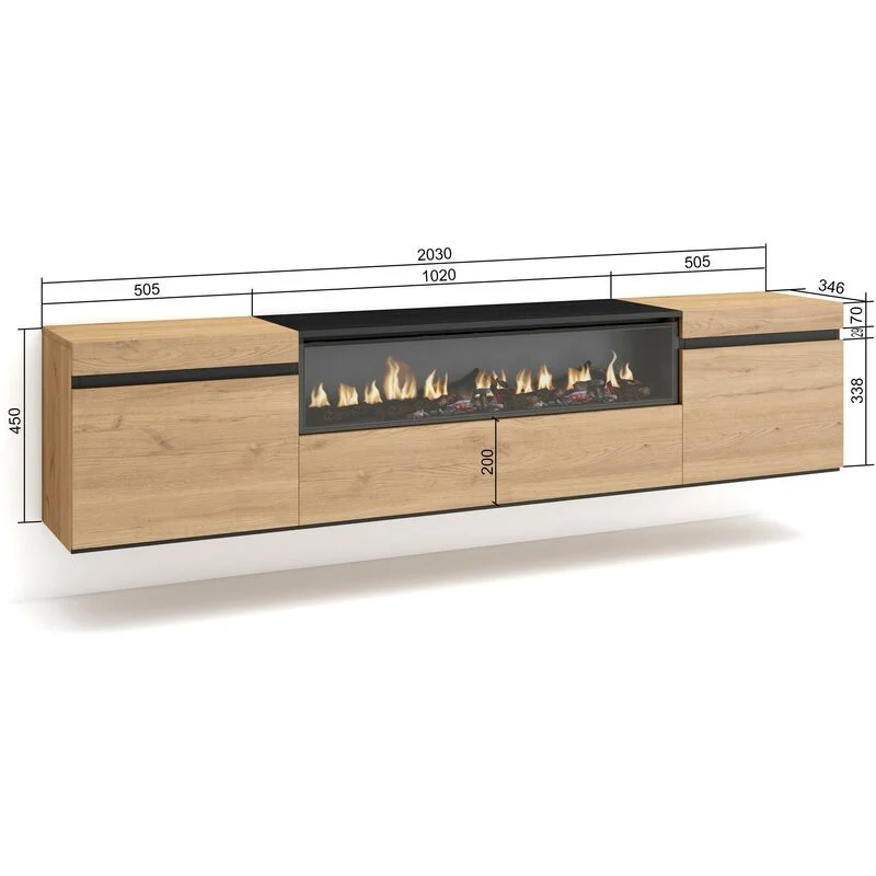 Vue 4 du meuble TV suspendu Skraut Home 200 cm avec cheminée électrique