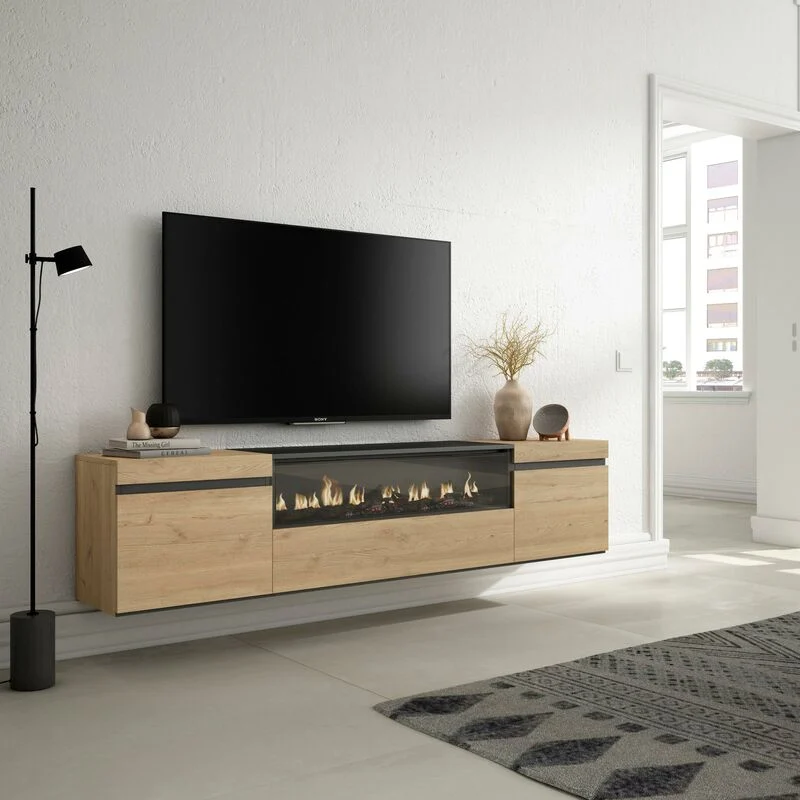 Avis meuble TV suspendu Skraut Home 200 cm avec cheminée électrique