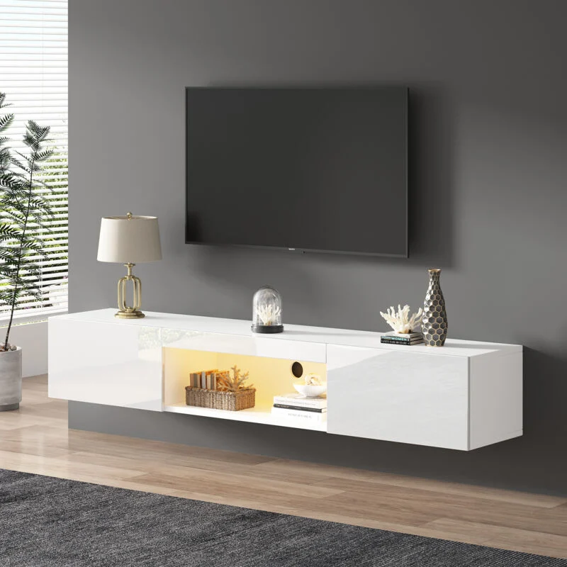 Vue 2 du meuble TV suspendu Stilvora 160 cm blanc brillant avec LED