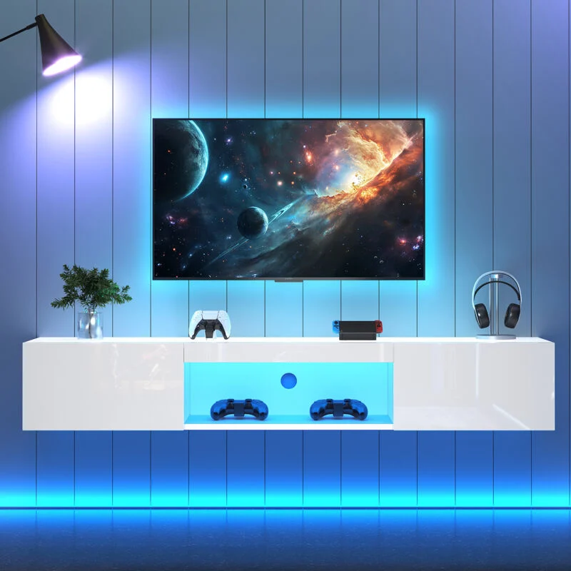 Vue 3 du meuble TV suspendu Stilvora 160 cm blanc brillant avec LED