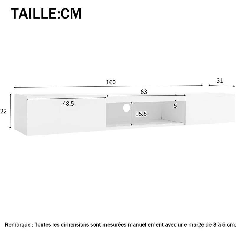 Vue 4 du meuble TV suspendu Stilvora 160 cm blanc brillant avec LED