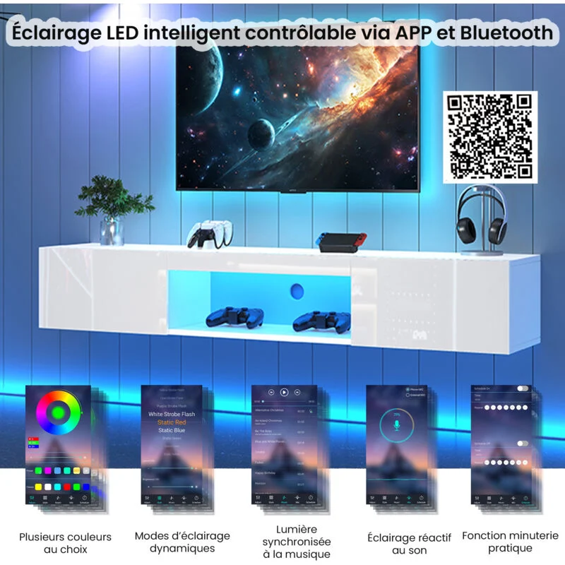 Vue 5 du meuble TV suspendu Stilvora 160 cm blanc brillant avec LED