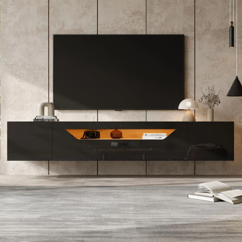 Vue 3 du meuble TV suspendu Stilvora 180 cm noir et bois avec LED