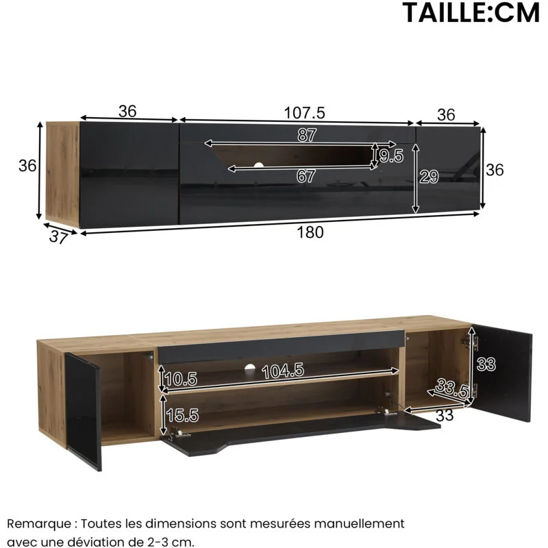 Vue 4 du meuble TV suspendu Stilvora 180 cm noir et bois avec LED