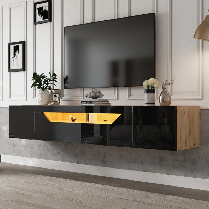 Vue 5 du meuble TV suspendu Stilvora 180 cm noir et bois avec LED